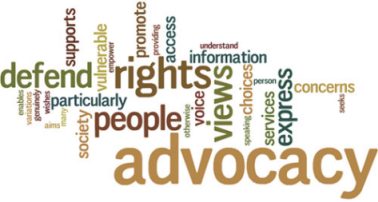 Image of Word Cloud, with words related to advocacy, such as rights, defend, information, people, precess and concerns.