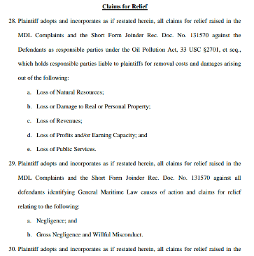 Image of section of a Complaint related to Claims for Relief